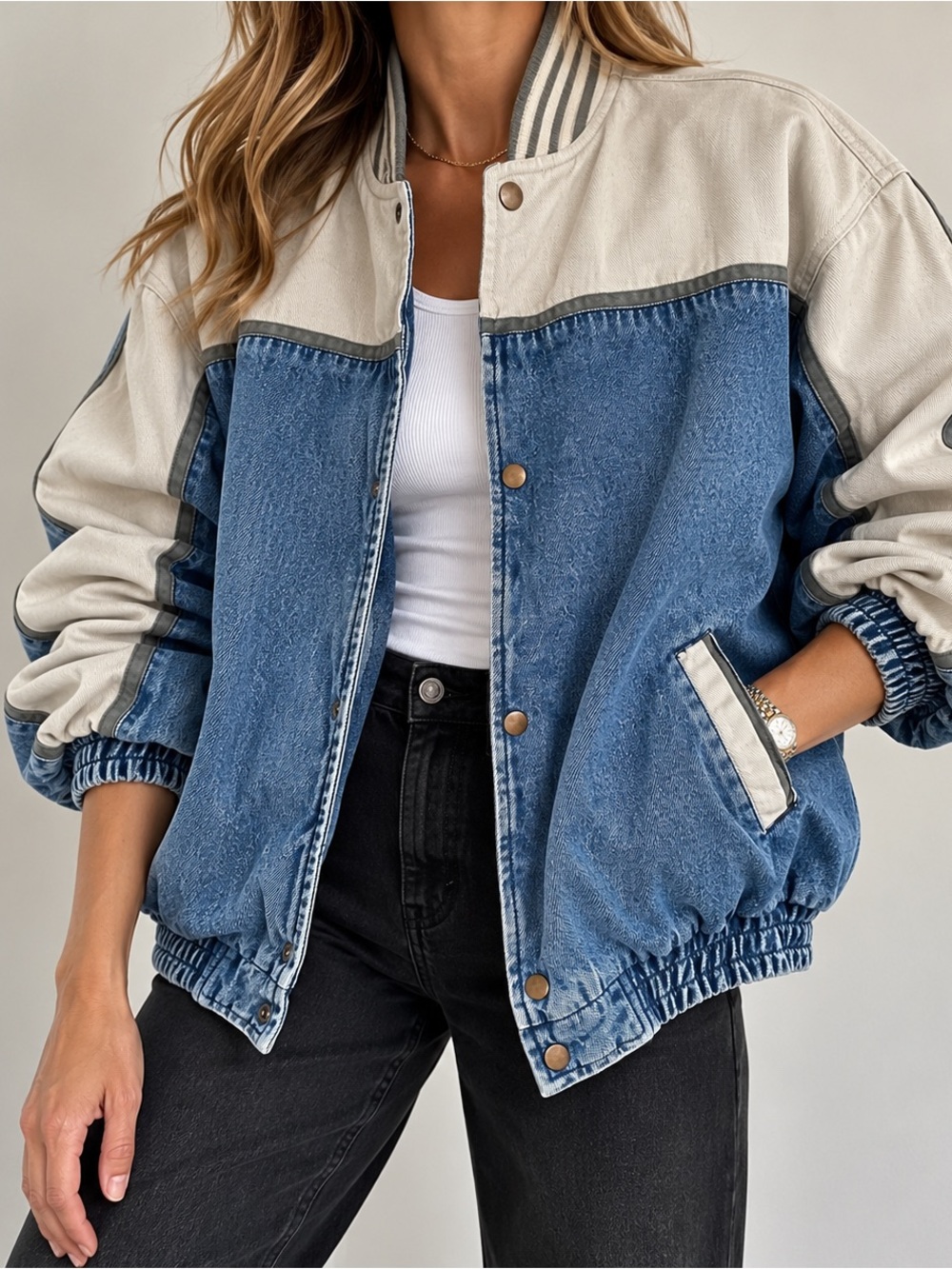 Vintage Denim Bomber Jacket Colorblock Nylon Sleeve Oversized XL